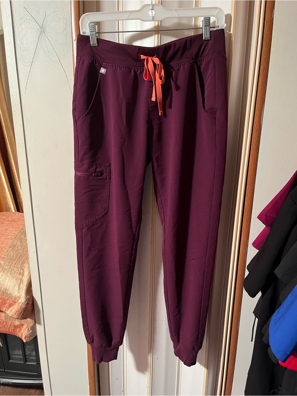 Figs Women's Burgundy Jogger Scrub Pants with Coral Drawstring